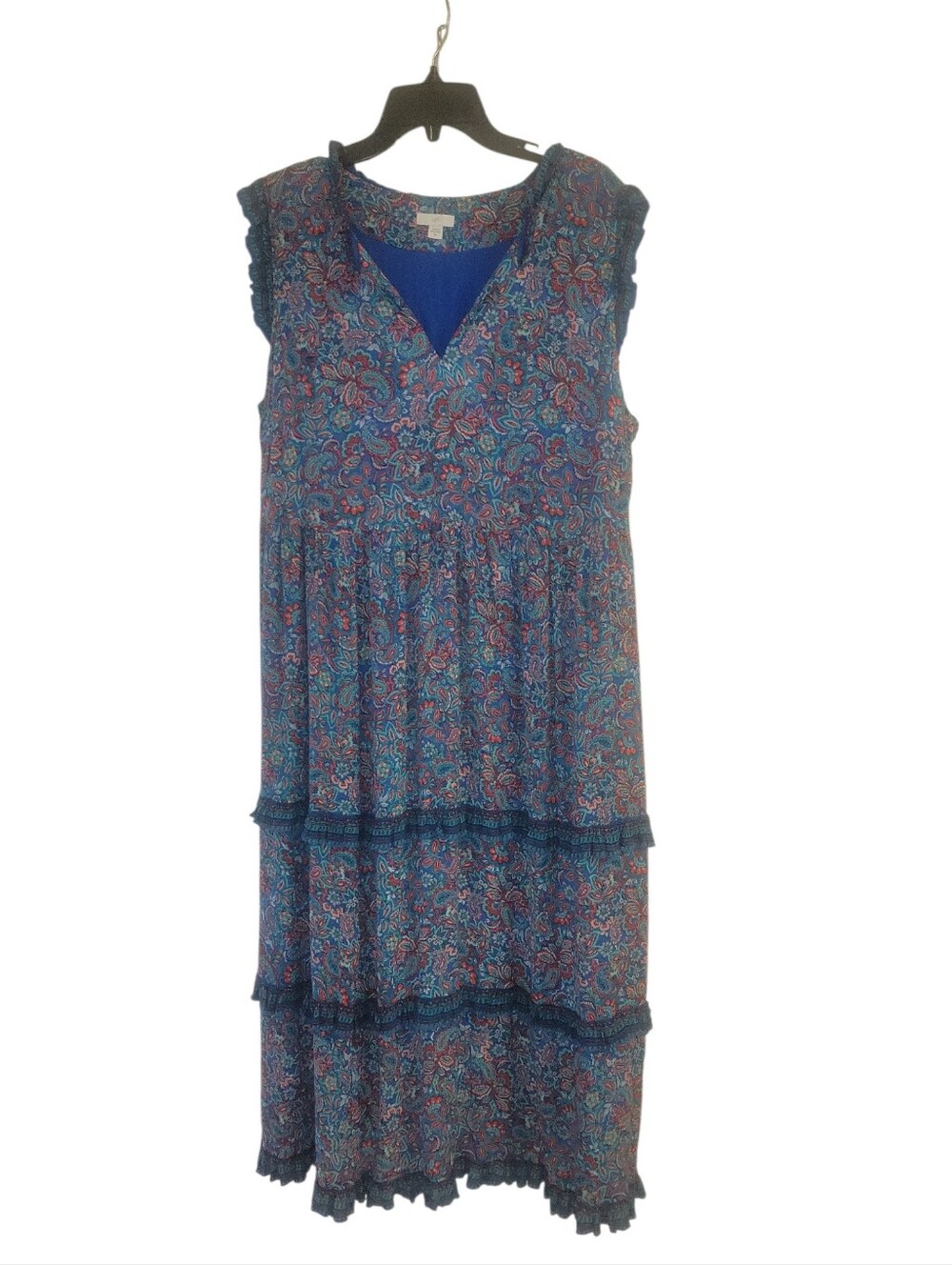 J. Jill Coastal Ruffles Sleeveless Blue Paisley Floral Tier Ruffle Midi Dress